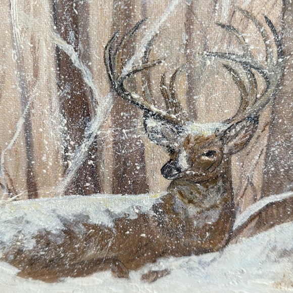 Vintage Hunt painted oil on board deer in winter scene signed vintage oak frame - Picture 5 of 10